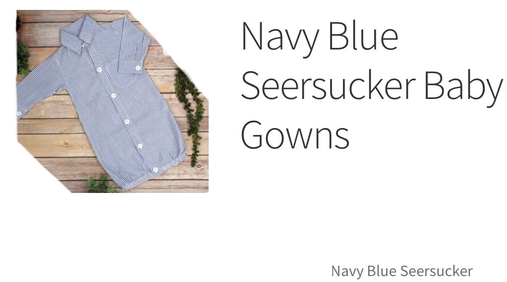 Navy blue seersucker gown with monogram