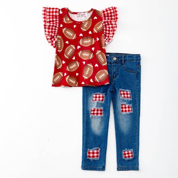 Gingham Football Girls Set - Burgundy