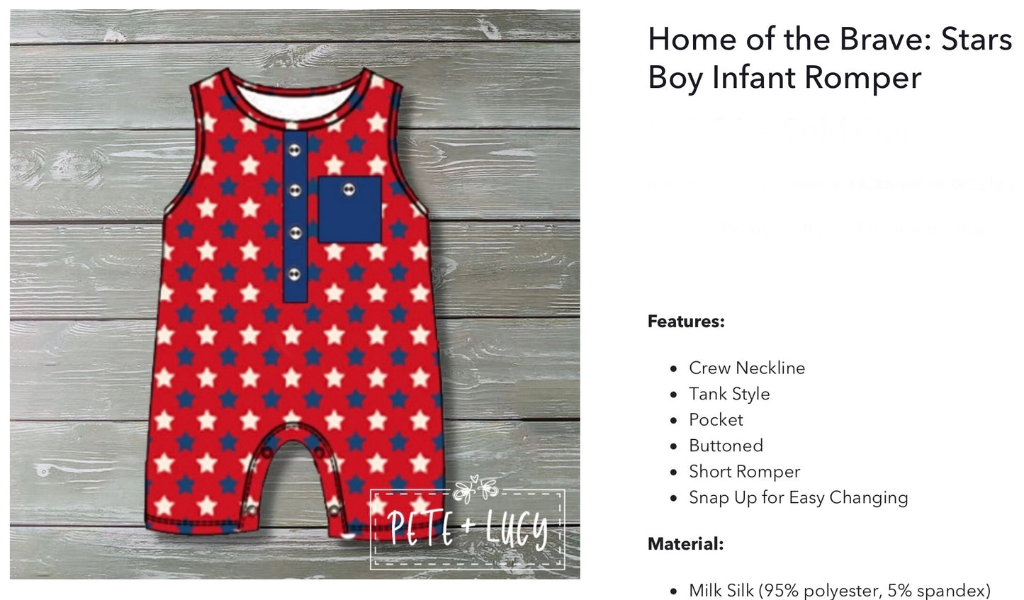 Home of the brave boy sleeveless romper