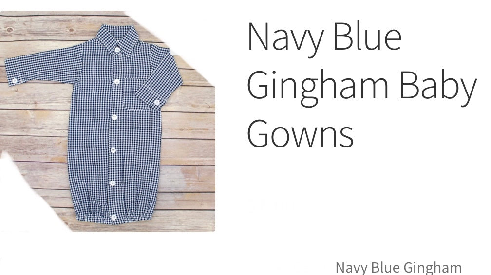 Navy blue gingham gown with monogram