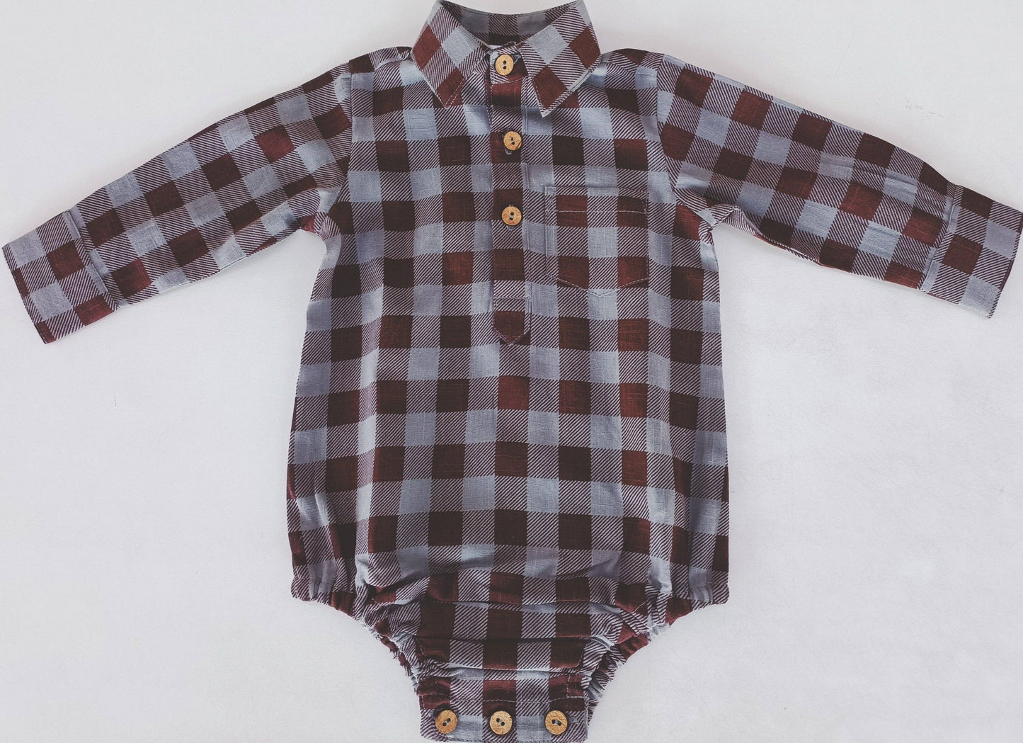 Burgundy Checkered Print Long Sleeve Baby Romper with free monogram