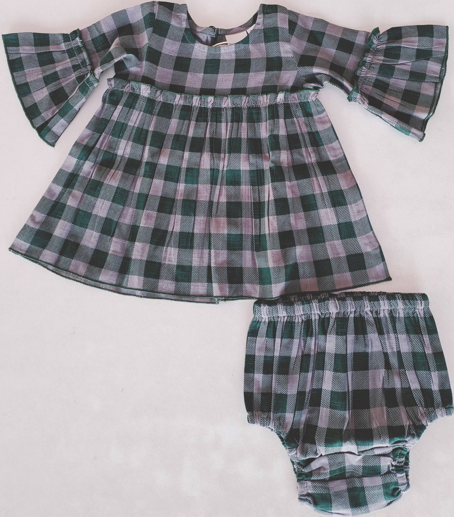 Green Checkered Print Bell-Sleeves Dress & Diaper Cover Set with monogram