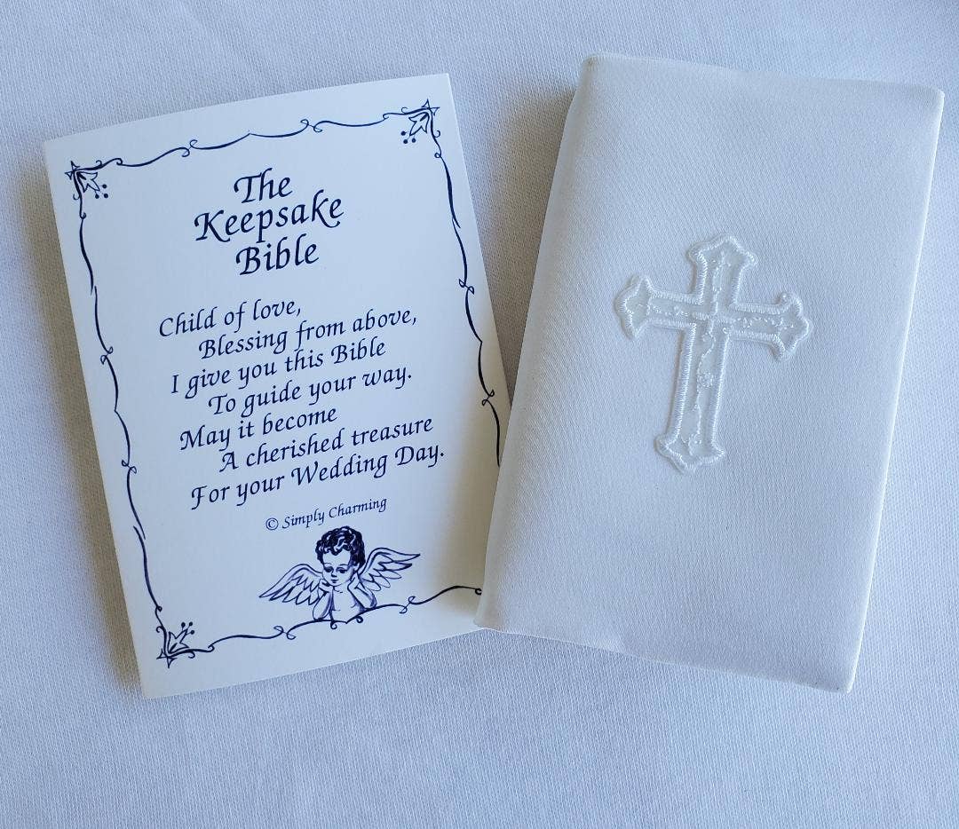 White Satin Covered Keepsake Baby Bible With Cross