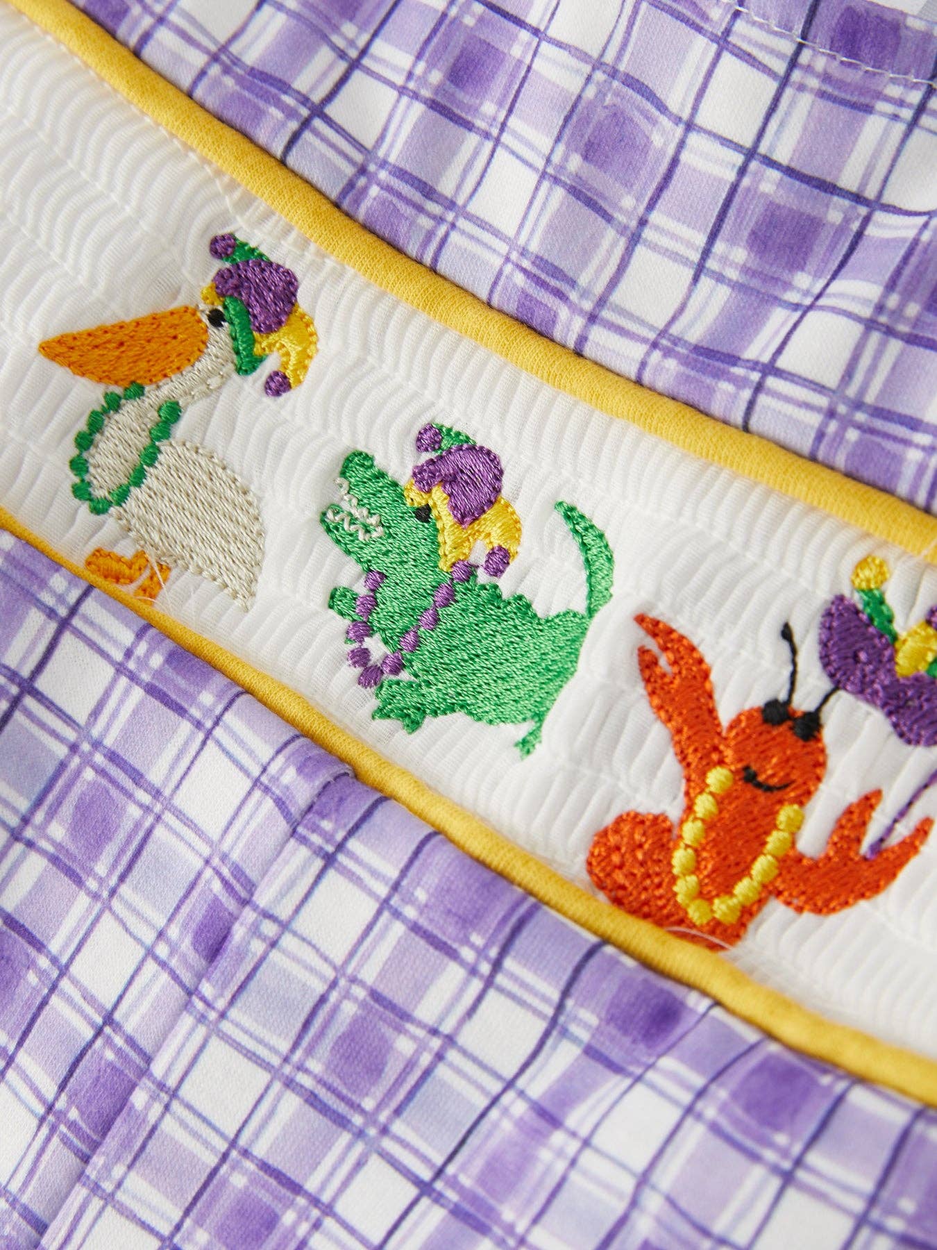 MardiGras Purple Plaid Animal Smock Embroidery Boys' Romper
