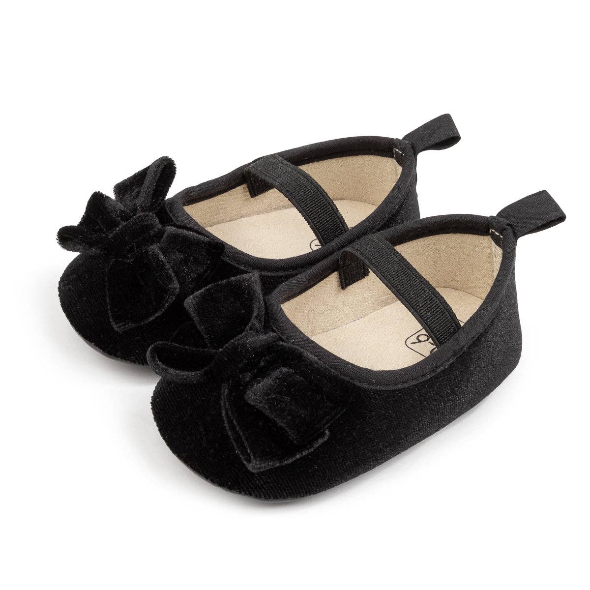 Front Bow velvety baby shoes, available in black.