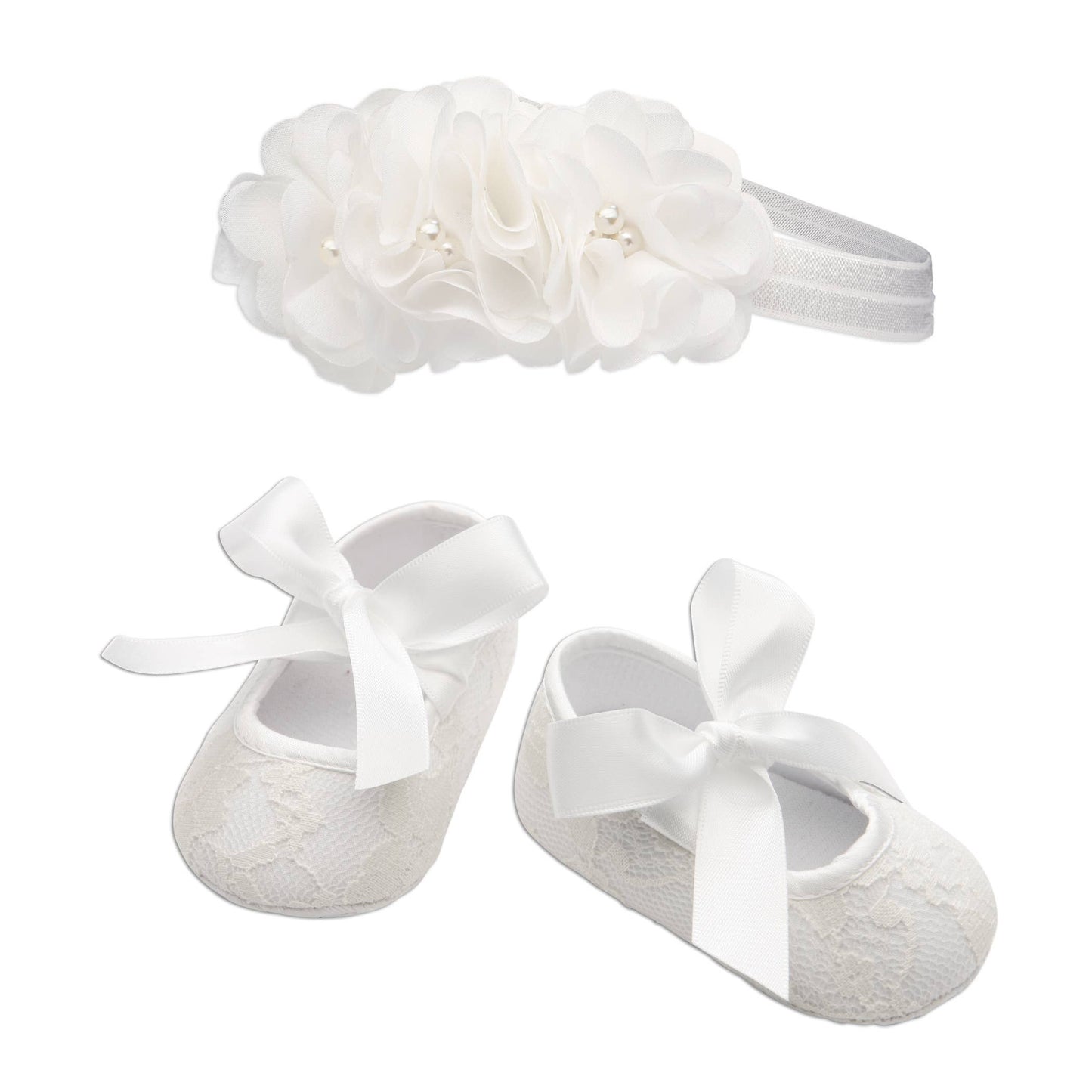 Ivory Lace Baptism Shoe And Headband Set for Baby Girls
