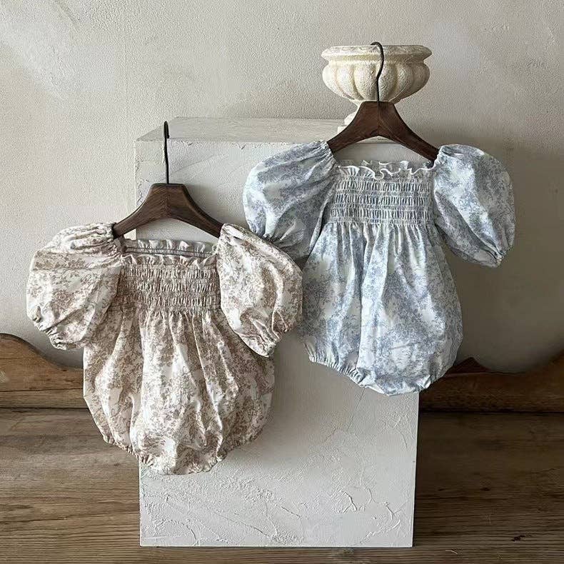 Vintage Floral Smocked Puff Sleeve Baby Romper - Blue/Apricot