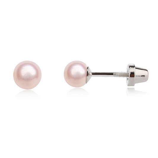 Sterling Silver Pink Pearl Screw Back Earrings for Kids Gift