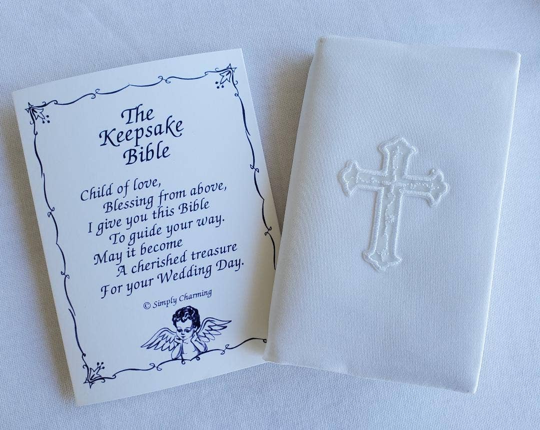 White Satin Covered Keepsake Baby Bible With Cross
