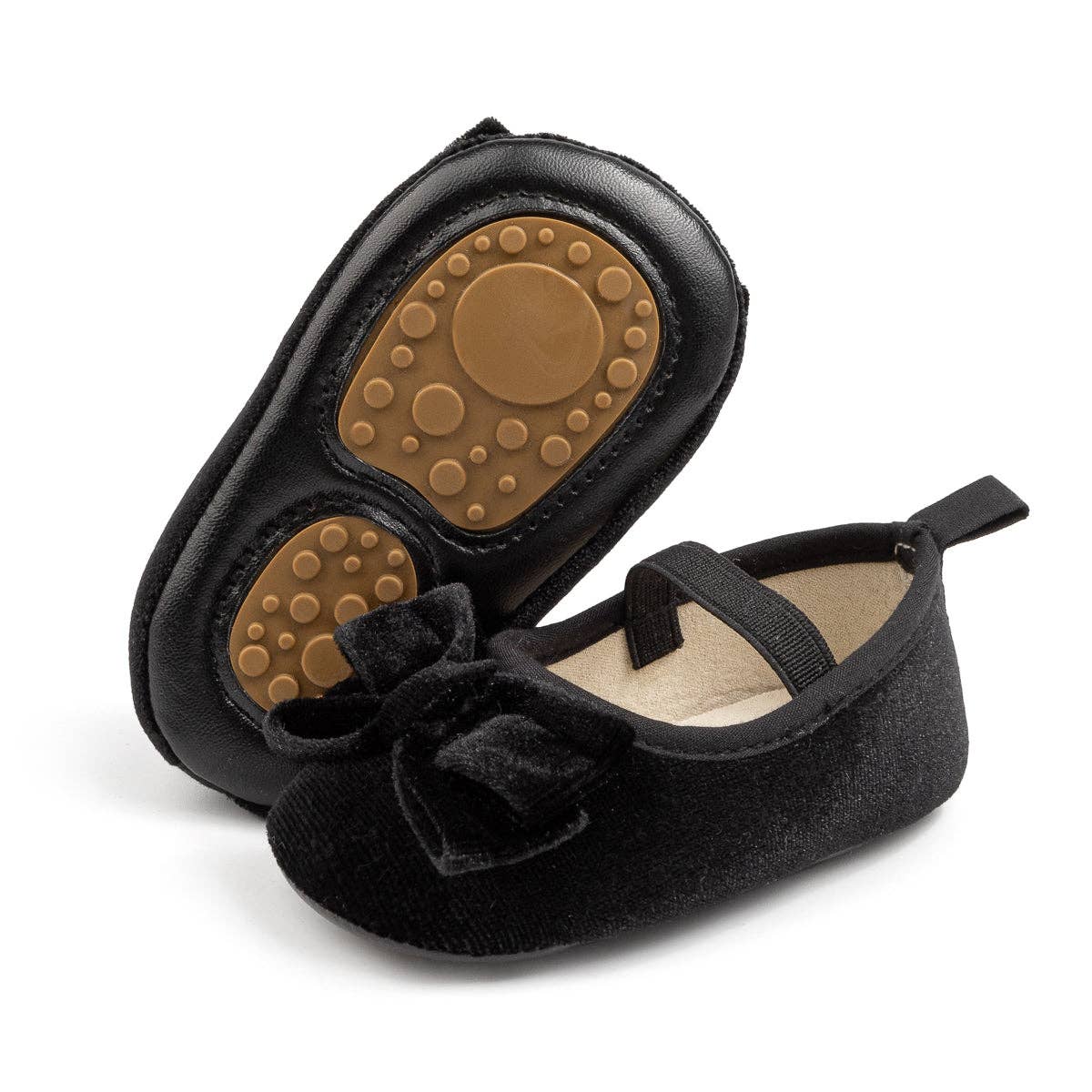 Front Bow velvety baby shoes, available in black.