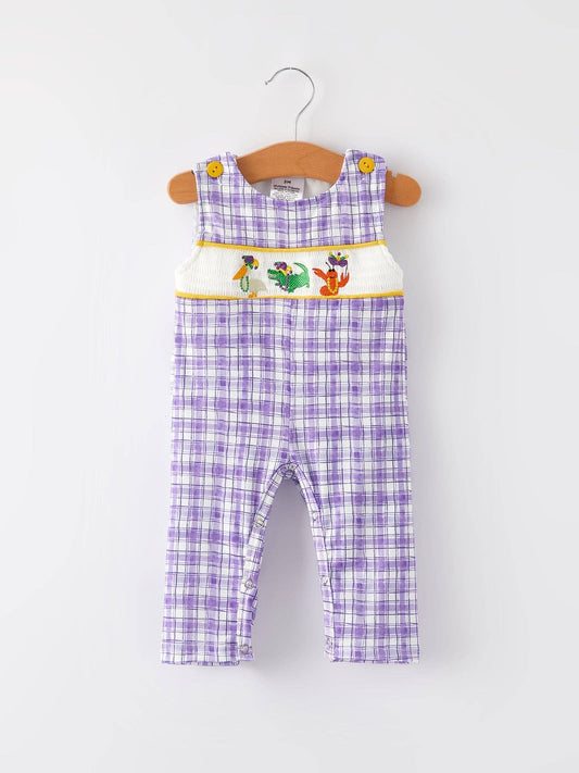 MardiGras Purple Plaid Animal Smock Embroidery Boys' Romper