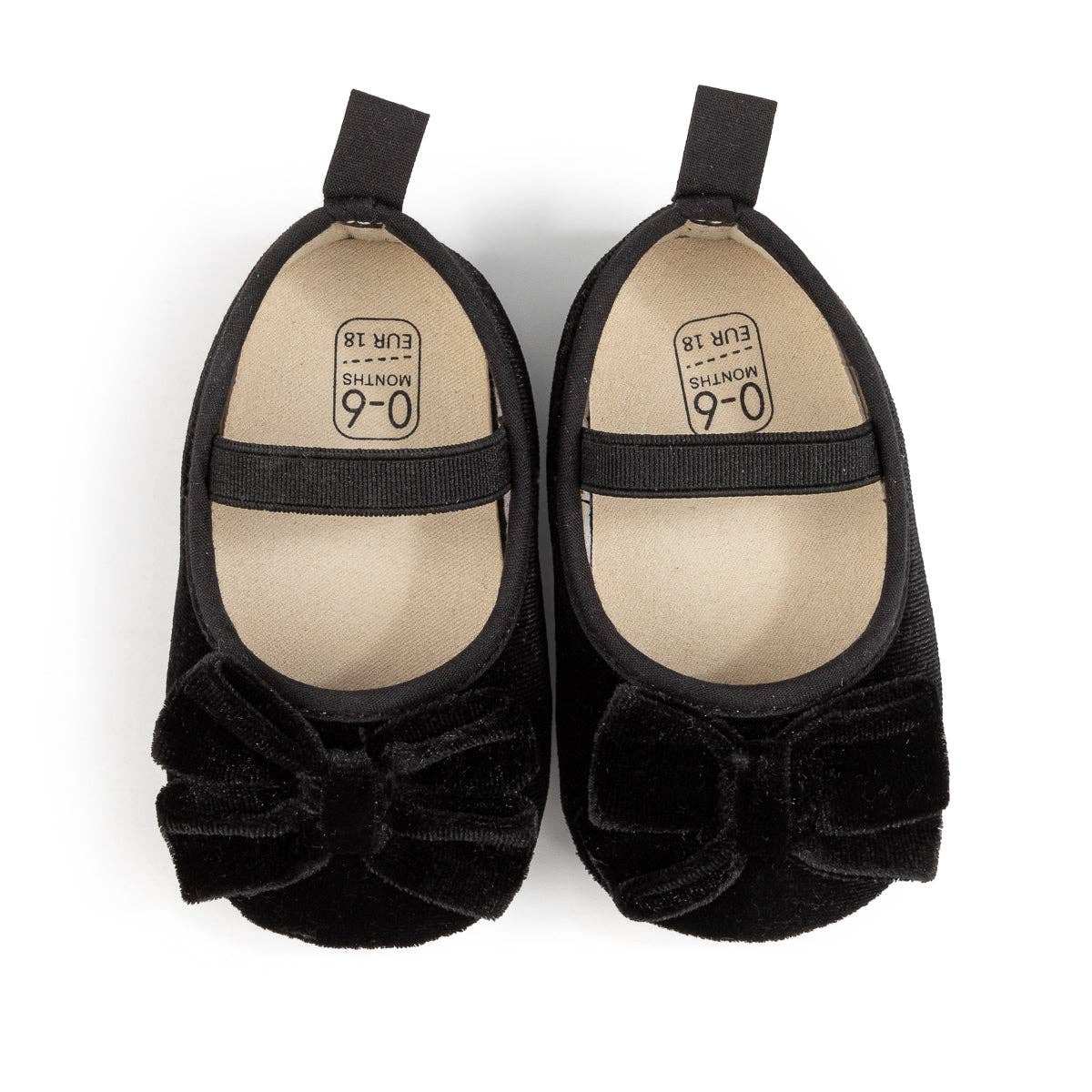 Front Bow velvety baby shoes, available in black.