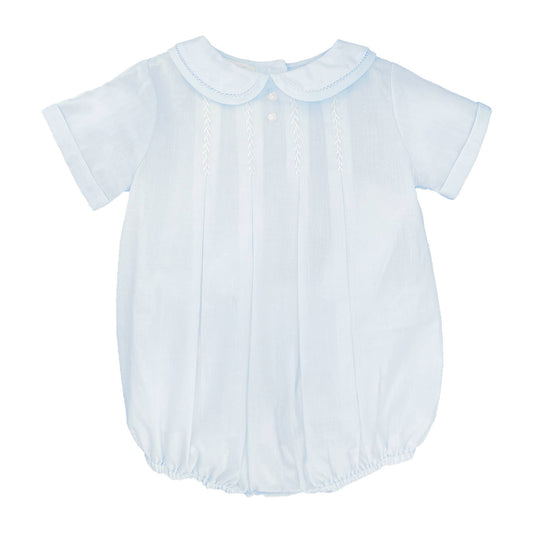 Baby blue romper with Hand Feather Stitching