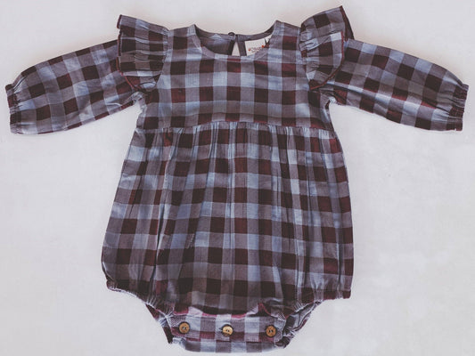 Burgundy Checkered Print Long Sleeve Baby Romper with free monogram